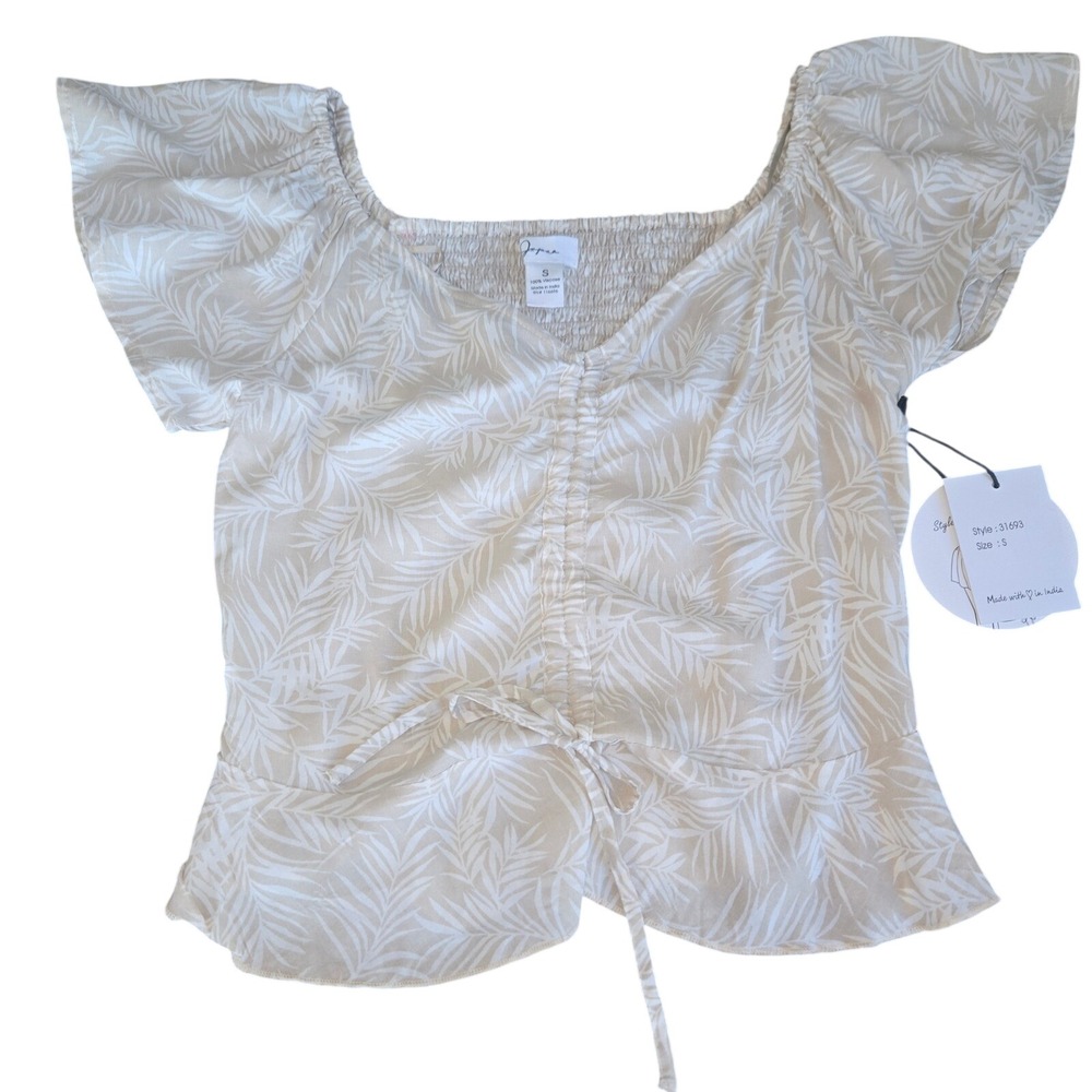 Japna Womens Tan Tropical Palm Print Ruched Peplum Top Smocked Back Size S NEW